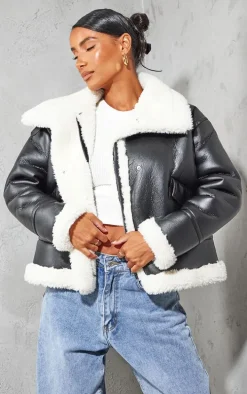 Black Faux Fur Lined Faux Leather Buckled Aviator Jacket