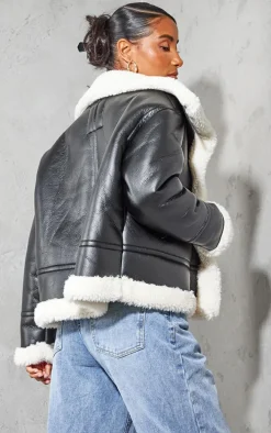 Black Faux Fur Lined Faux Leather Buckled Aviator Jacket