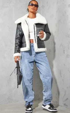 Black Faux Fur Lined Faux Leather Buckled Aviator Jacket