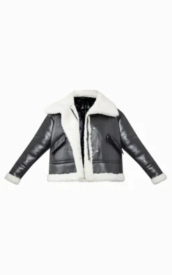 Black Faux Fur Lined Faux Leather Buckled Aviator Jacket