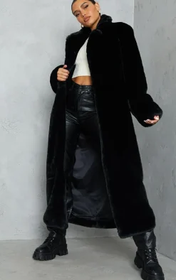 Black Faux Fur Plush Military Maxi Coat