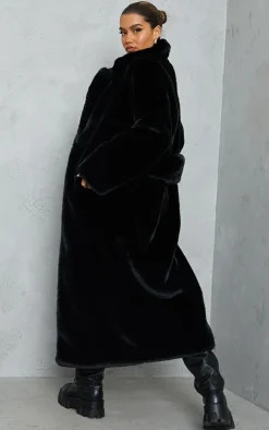 Black Faux Fur Plush Military Maxi Coat