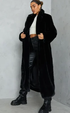 Black Faux Fur Plush Military Maxi Coat