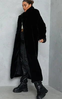 Black Faux Fur Plush Military Maxi Coat
