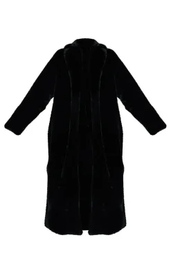 Black Faux Fur Plush Military Maxi Coat