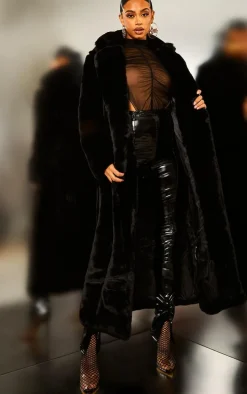 Black Faux Fur Plush Military Maxi Coat