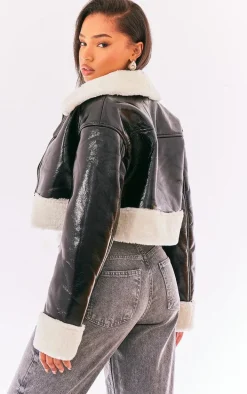 Black Faux Fur Trim Buckle Collar Vinyl Cropped Jacket