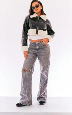 Black Faux Fur Trim Buckle Collar Vinyl Cropped Jacket