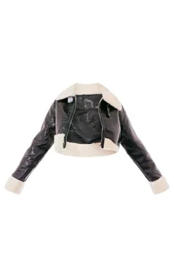 Black Faux Fur Trim Buckle Collar Vinyl Cropped Jacket