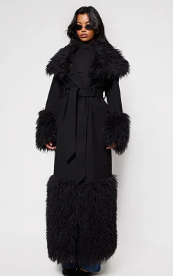 Black Faux Fur Trim Contrast Wool Look Coat
