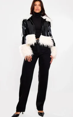 Black Faux Fur Trim Contrast Faux Leather Jacket