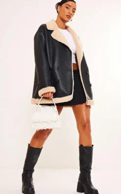 Black Faux Fur Trim PU Vintage Style Coat