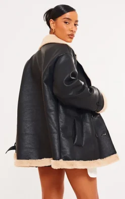 Black Faux Fur Trim PU Vintage Style Coat