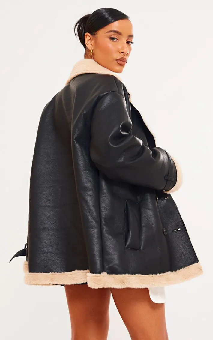 Black Faux Fur Trim PU Vintage Style Coat