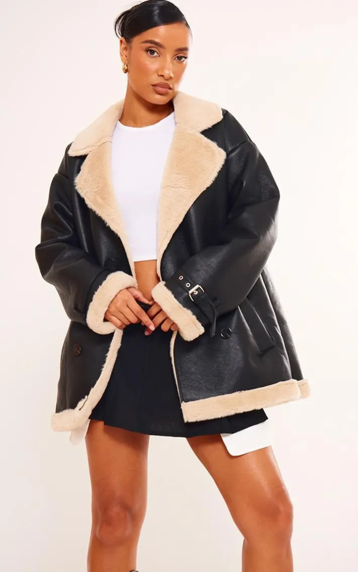Black Faux Fur Trim PU Vintage Style Coat