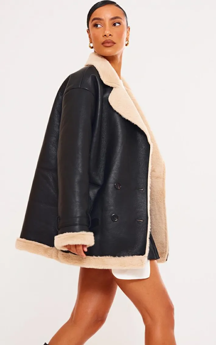 Black Faux Fur Trim PU Vintage Style Coat