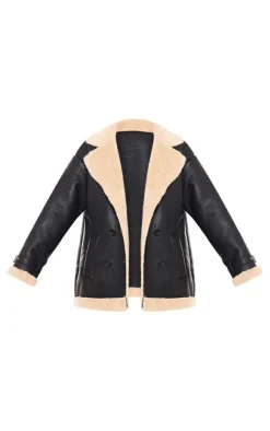 Black Faux Fur Trim PU Vintage Style Coat