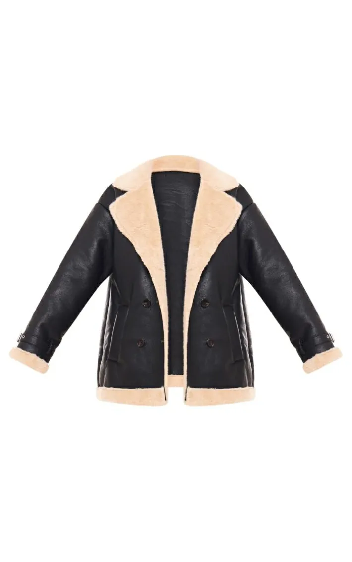 Black Faux Fur Trim PU Vintage Style Coat