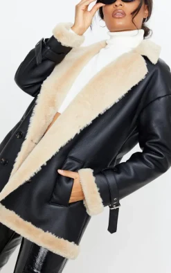 Black Faux Fur Trim PU Vintage Style Coat