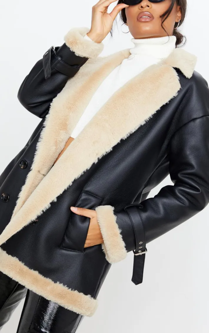 Black Faux Fur Trim PU Vintage Style Coat