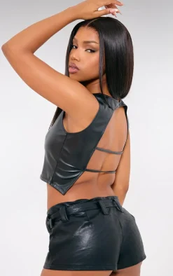 Black Faux Leather Back Strap Crop Top