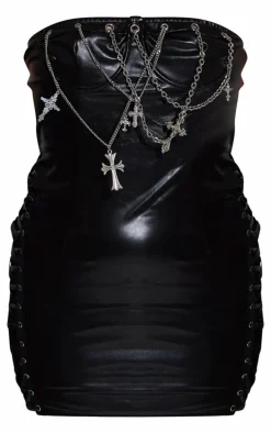 Black Faux Leather Bandeau Cross Chain Detail Bodycon Dress