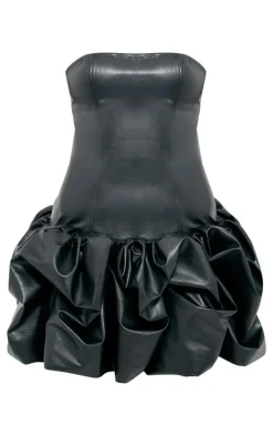 Black Faux Leather Bandeau Puffball Mini Dress