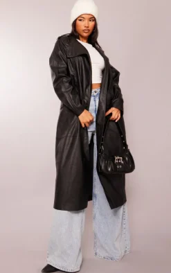Black Faux Leather Biker Detail Midi Coat