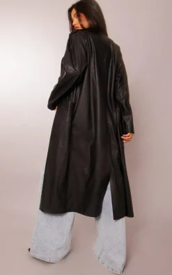 Black Faux Leather Biker Detail Midi Coat