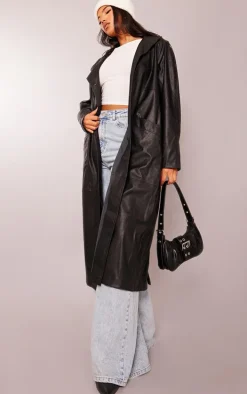 Black Faux Leather Biker Detail Midi Coat