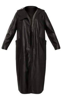 Black Faux Leather Biker Detail Midi Coat