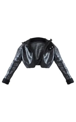 Black Faux Leather Borg Lined Super Cropped Aviator Jacket