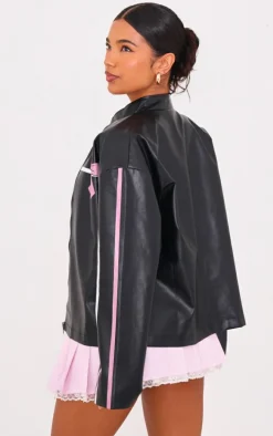 Black Faux Leather Bow Print Detail Jacket
