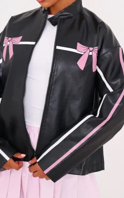 Black Faux Leather Bow Print Detail Jacket