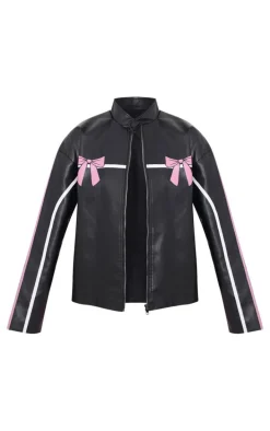 Black Faux Leather Bow Print Detail Jacket