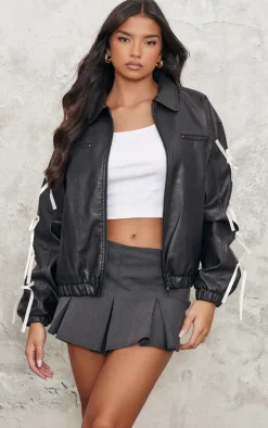 Black Faux Leather Bow Sleeve Detail Oversized Jacket