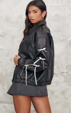 Black Faux Leather Bow Sleeve Detail Oversized Jacket
