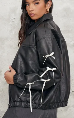 Black Faux Leather Bow Sleeve Detail Oversized Jacket