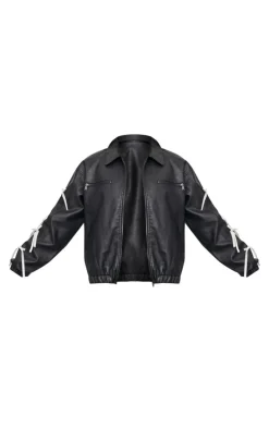 Black Faux Leather Bow Sleeve Detail Oversized Jacket