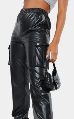 Black Faux Leather Cargo Pants