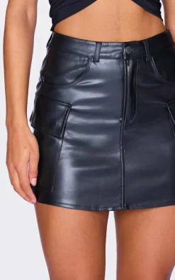 Black Faux Leather Cargo Micro Mini Skirt