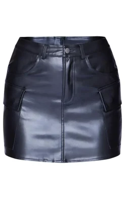 Black Faux Leather Cargo Micro Mini Skirt