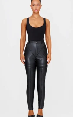 Black Faux Leather Contrast Panels Skinny Pants