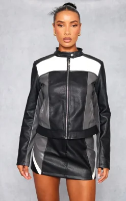 Black Faux Leather Contrast Panel Mini Skirt