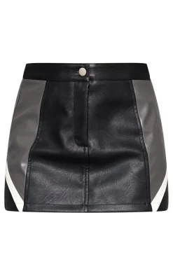 Black Faux Leather Contrast Panel Mini Skirt