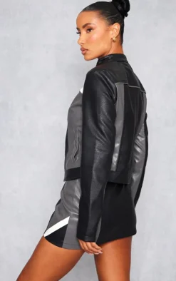 Black Faux Leather Contrast Panel Motor Jacket