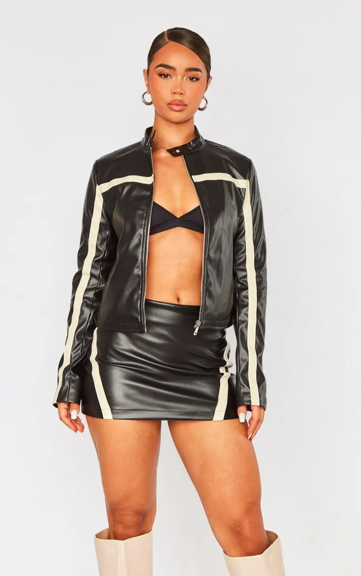 Black Faux Leather Contrast Panel Motorcross Jacket