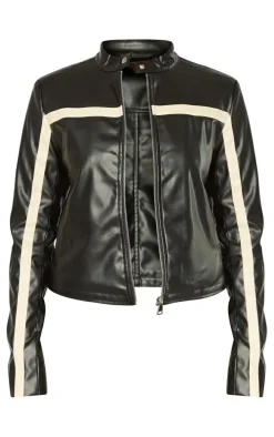 Black Faux Leather Contrast Panel Motorcross Jacket