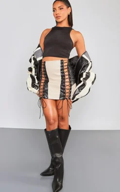 Black Faux Leather Contrast Panel Lace Up Mini Skirt