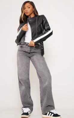 Black Faux Leather Contrast Panel Cropped Biker Jacket